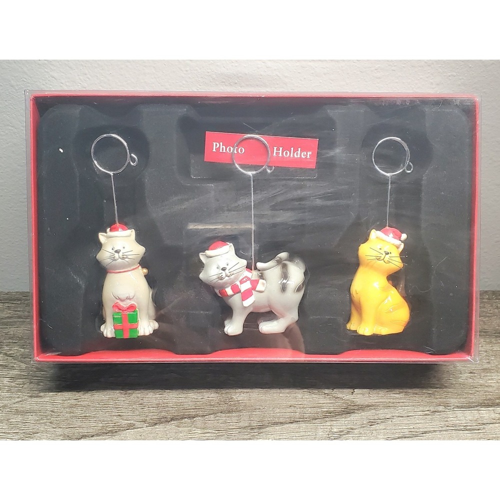 St. Nicholas Square Lot of 3 Ceramic Christmas Cats Photo Holders Boxed Kohls